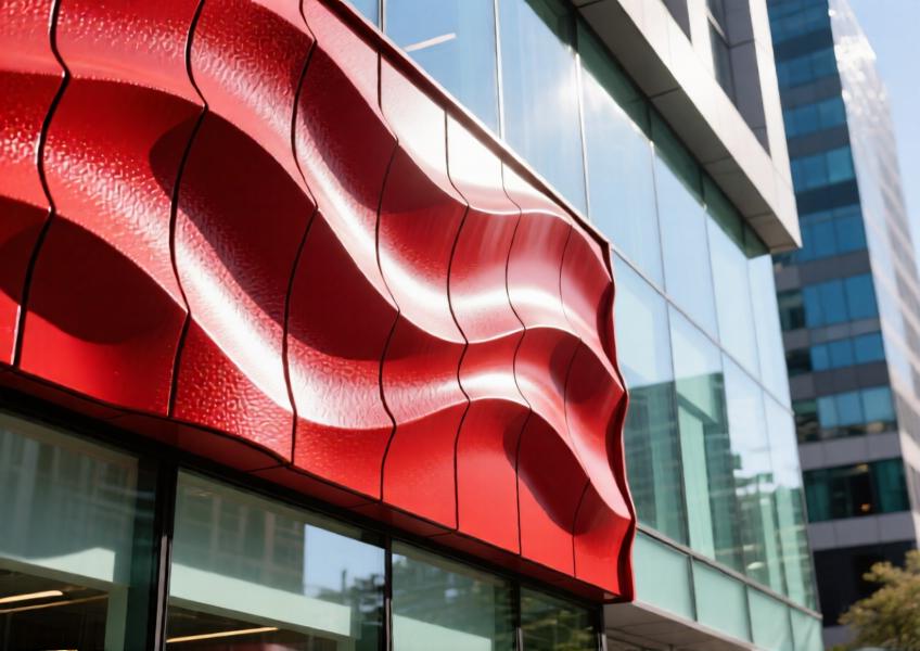 Close-up of vibrant red powder-coated aluminum facade panels with wave-like geometry in afternoon light.