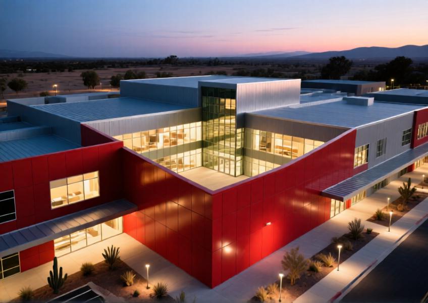 Aerial view of a commercial complex at dusk with vibrant red aluminum-clad wings, emphasizing color contrast, geometry, and integration of light and sustainability.