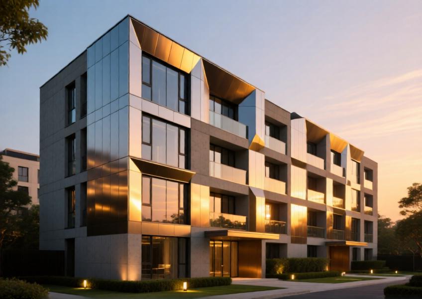 A high-end residential building featuring light-reactive GFRC and anodized aluminum cladding that changes appearance with the time of day, blending elegance with energy efficiency.