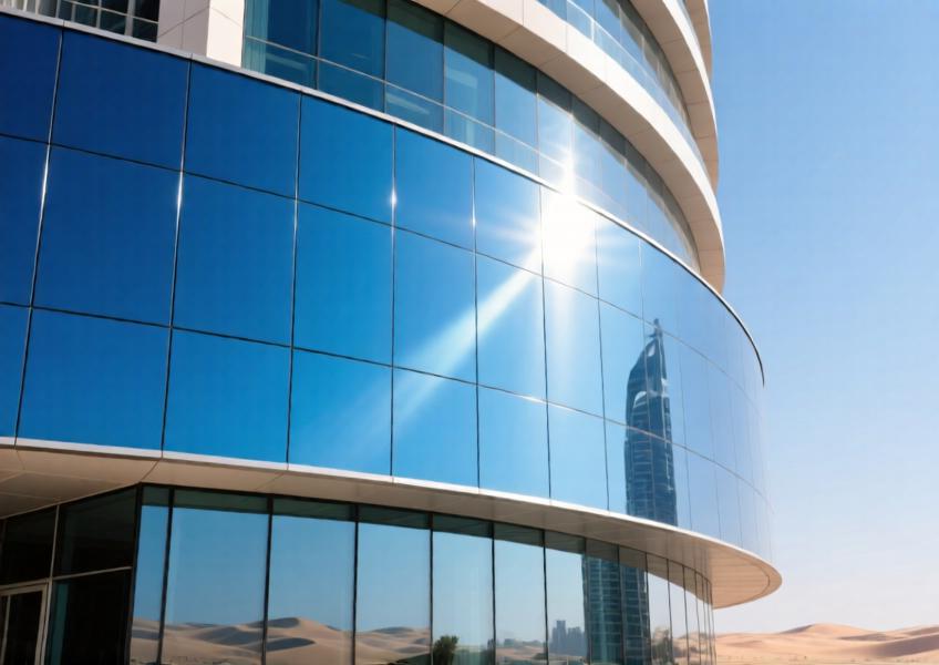 Anodized blue aluminium facade panel on a curved skyscraper exterior under bright daylight in Dubai.