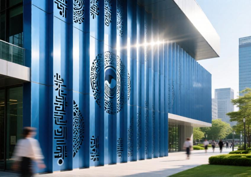 Anodized blue aluminum facade with traditional patterns on a cultural center, illuminated by directional sunlight.