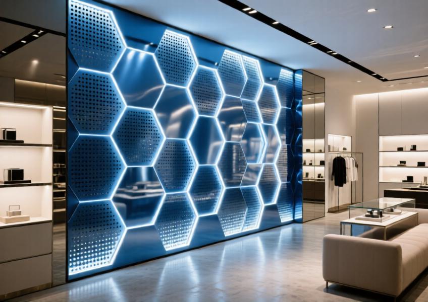 Interior feature wall in a high-end boutique using backlit anodized blue aluminum panels with a honeycomb design