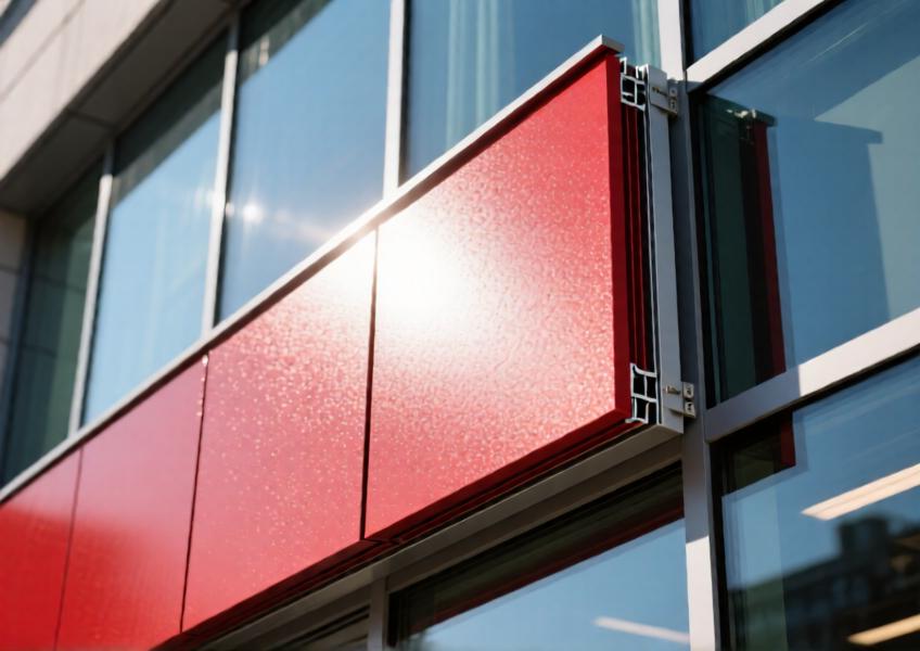 Detailed view of a vibrant red powder-coated aluminum cladding panel with textured finish and thermal break design.