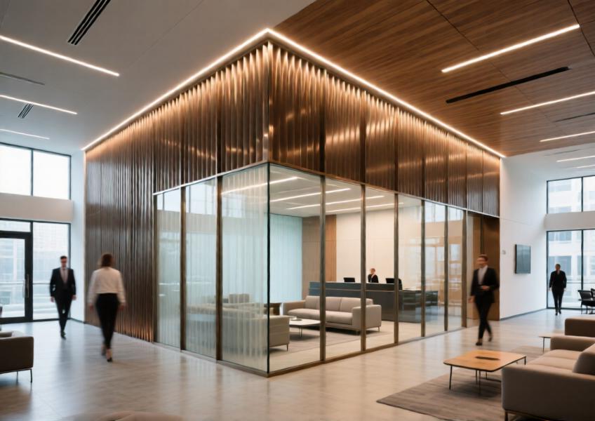 Anodized bronze aluminum curtain walling with integrated lighting defines zones in a modern office lobby, enhancing spatial flow and elegance.