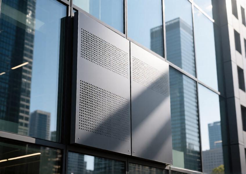 Detail of matte anthracite grey perforated aluminum cladding on a contemporary curtain wall system.