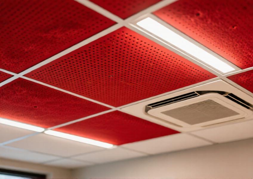 Close-up of a matte vibrant red perforated aluminum ceiling panel with acoustic and HVAC integration in a modern commercial interior.