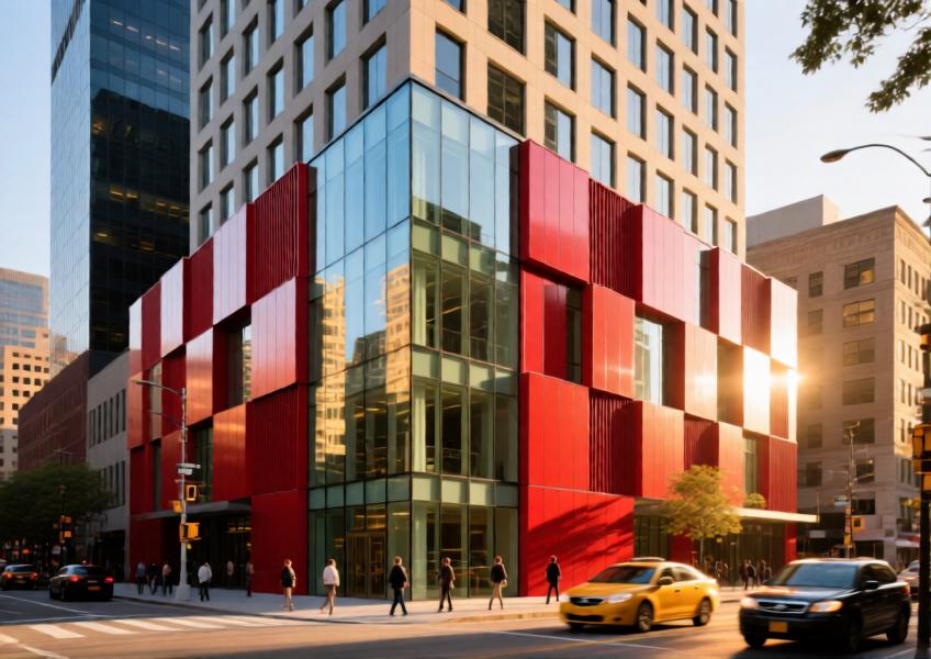 Urban commercial façade with red powder-coated aluminum cladding in a geometric layout, set against a lively city backdrop during golden hour.