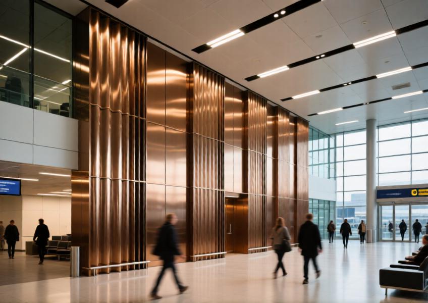 Airport interior with anodized bronze aluminum curtain walls used as elegant, durable interior partitions.