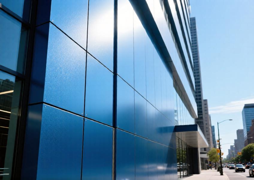 Detail view of anodized blue aluminum cladding on a commercial building with fiber cement accents in an urban setting.