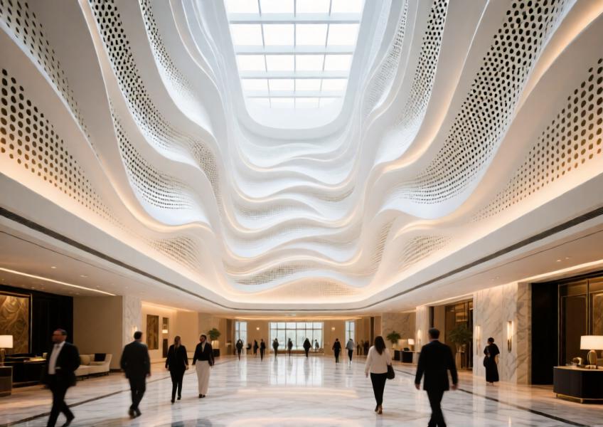 Luxury hotel atrium in Dubai with a sculptural, perforated satin white pre-coated aluminum ceiling enhancing acoustics and aesthetics