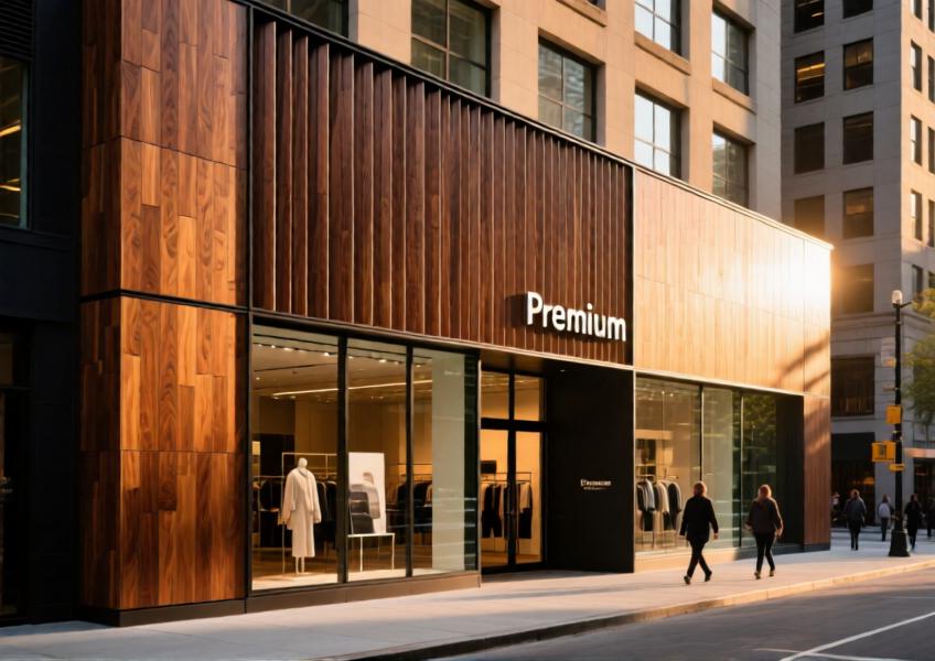 Retail facade with cinnamon-brown matte aluminum wood look panels in a curtain wall system, illuminated by golden hour light to highlight texture and design elegance.