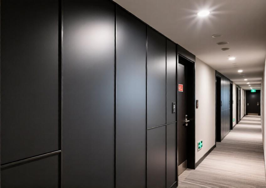A detailed, realistic image of durable, low-maintenance aluminium wall panels in a high-traffic commercial setting, emphasizing functionality and refined design.