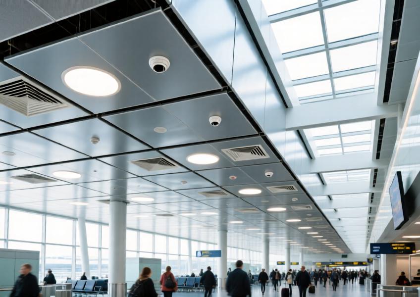 Airport terminal with brushed silver aluminum ceiling panels integrated with lighting and HVAC, showcasing durability and functional design in a high-traffic environment.