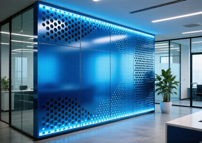 Anodized blue perforated aluminum wall panel with backlighting in a modern office reception.