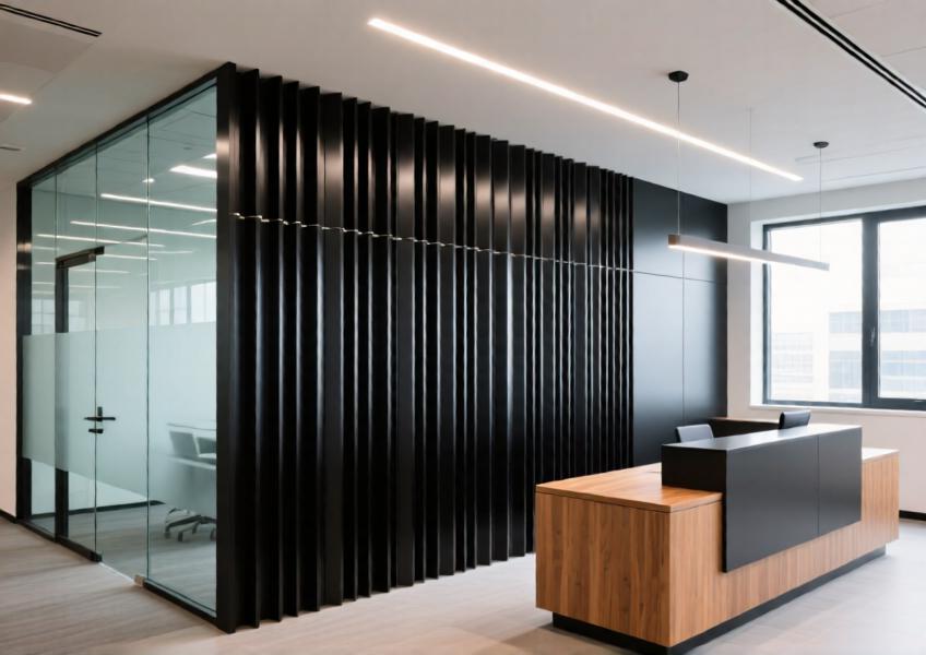 Modern office lobby featuring matte black aluminum curtain wall as a stylish interior divider.