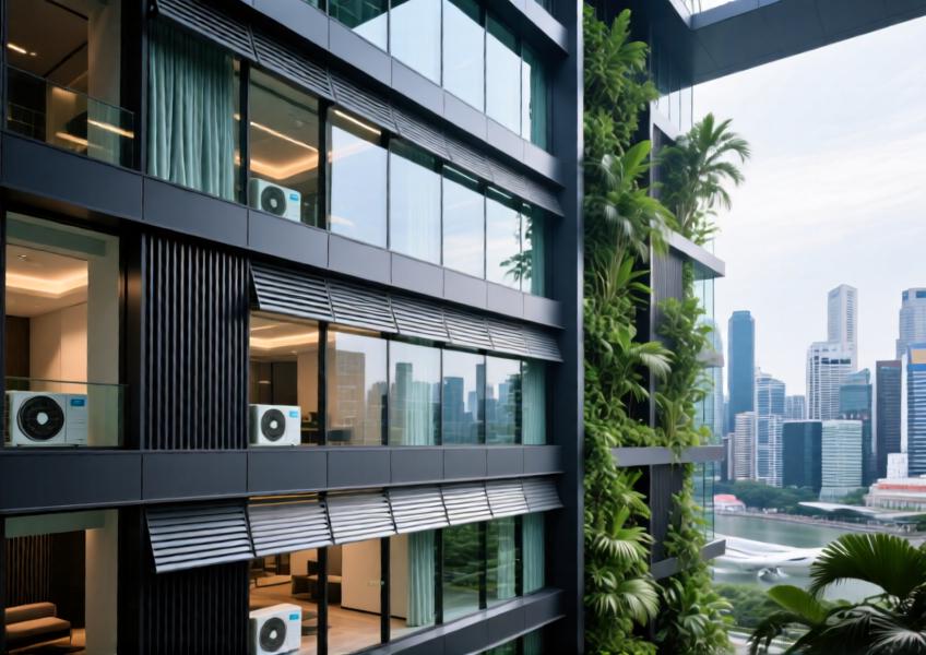 High-performance curtain wall system with charcoal grey aluminium and energy-efficient glass in a tropical mixed-use tower.