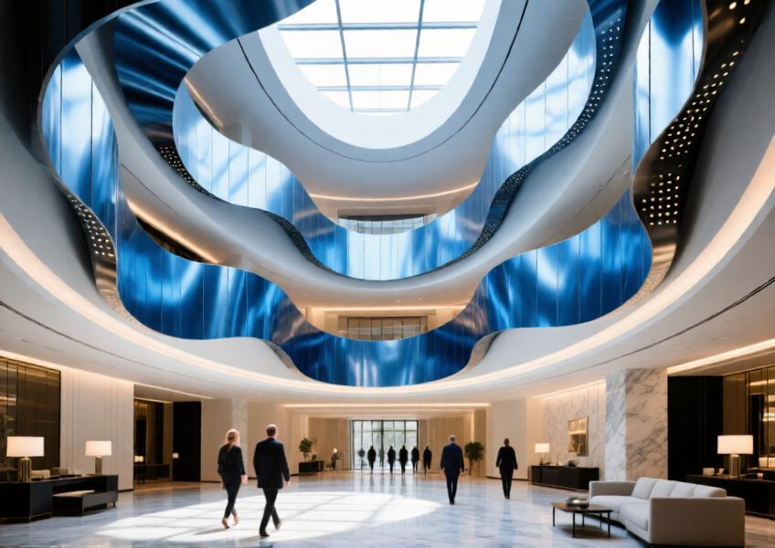 Luxury hotel atrium with a sculptural anodized blue aluminum ceiling