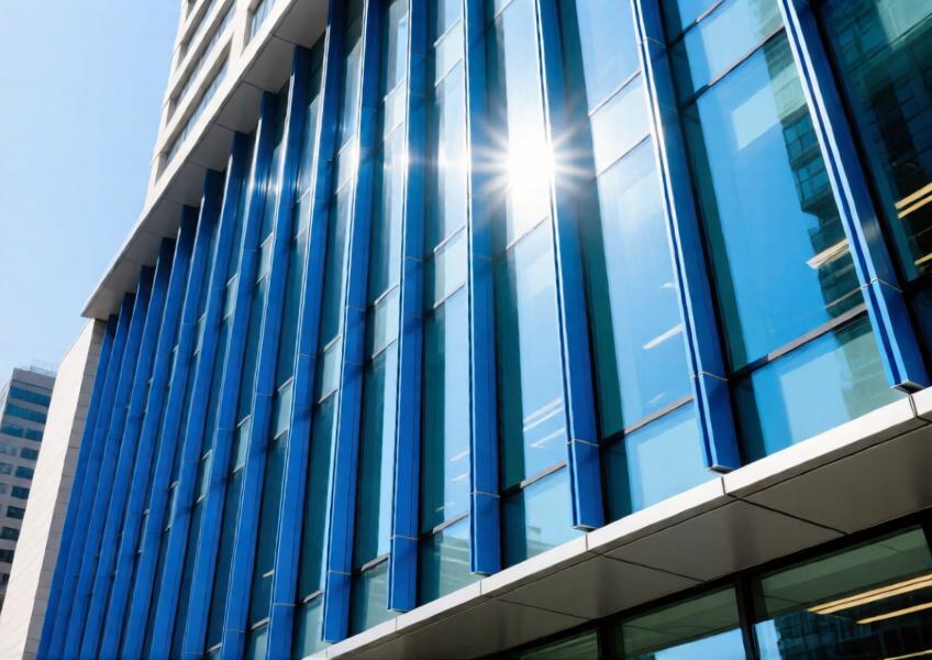 Exterior detail of an anodized blue aluminum curtain wall system on a commercial high-rise under natural daylight.