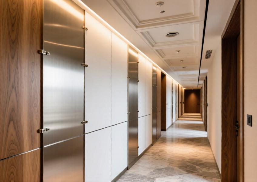 Boutique hotel hallway with wood-mimic aluminum panels and integrated lighting for a luxurious, nature-inspired yet modern ambiance.