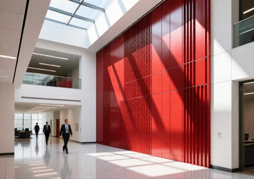 A dynamic office atrium highlighting bold red matte aluminum panels as architectural focal points.