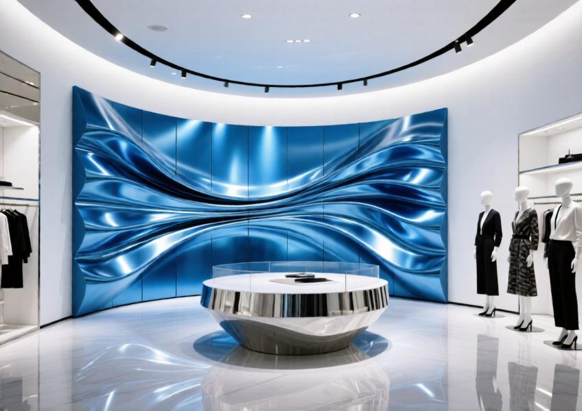 Anodized blue aluminum sculptural wall in a luxury retail environment with dramatic lighting and flowing design.