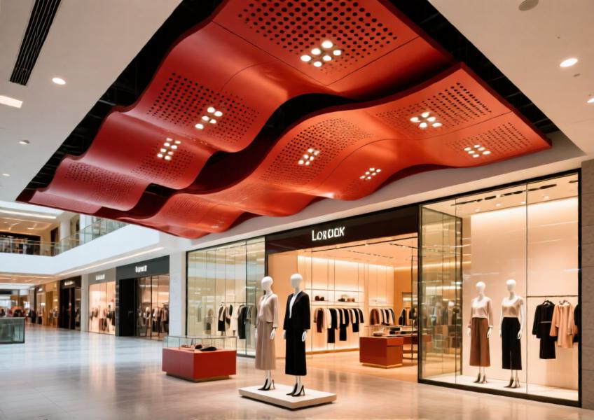 Anodized red aluminium ceiling in a luxury retail environment, blending bold aesthetics with functional acoustic and lighting integration.