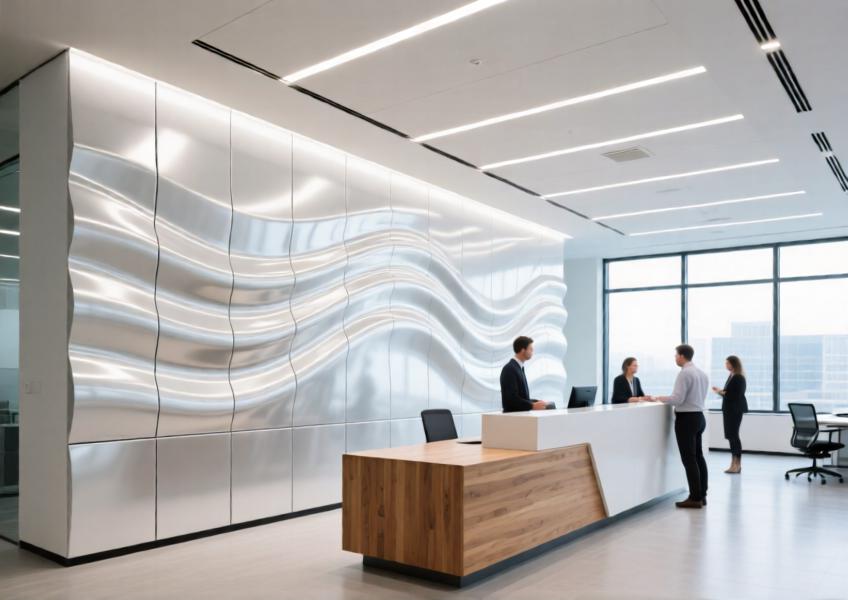 Innovative office reception with glossy white aluminum cladding conveying a clean, futuristic aesthetic.