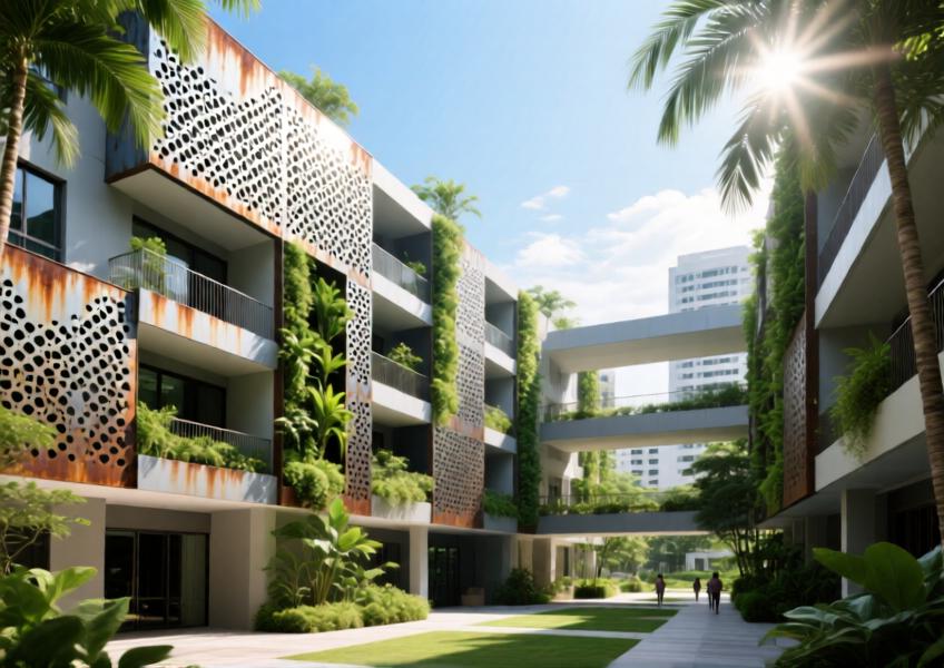 A sustainable commercial-residential building in Singapore using perforated metal cladding to balance aesthetic design with functional climate responsiveness in a tropical environment.