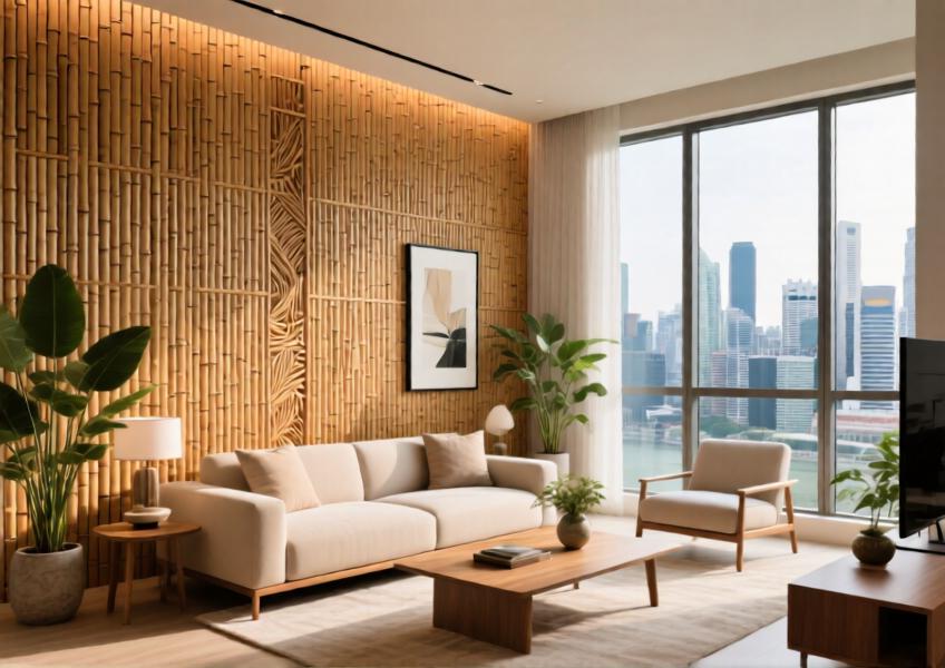 An elegant residential living area featuring custom bamboo cladding panels that bring warmth and tranquility to a high-end urban apartment.