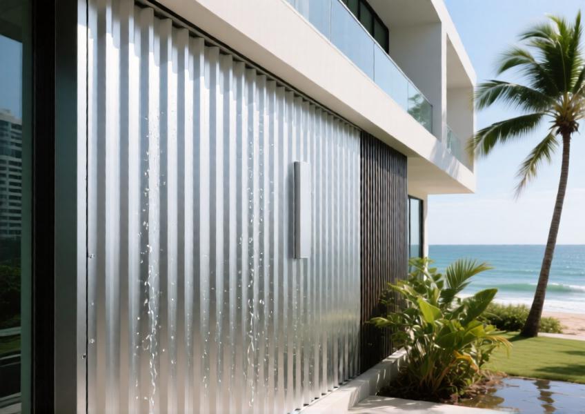 Detailed view of ACP cladding in a coastal environment, demonstrating durability and weather resistance with anti-corrosive properties under harsh tropical conditions.