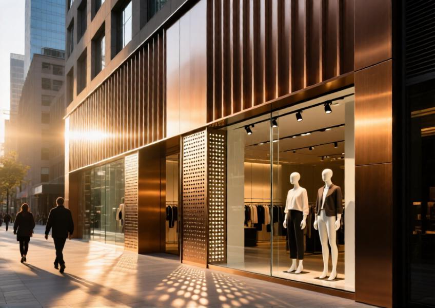 Urban retail façade with matte bronze aluminium wall panels and perforated sun-shading elements at golden hour.