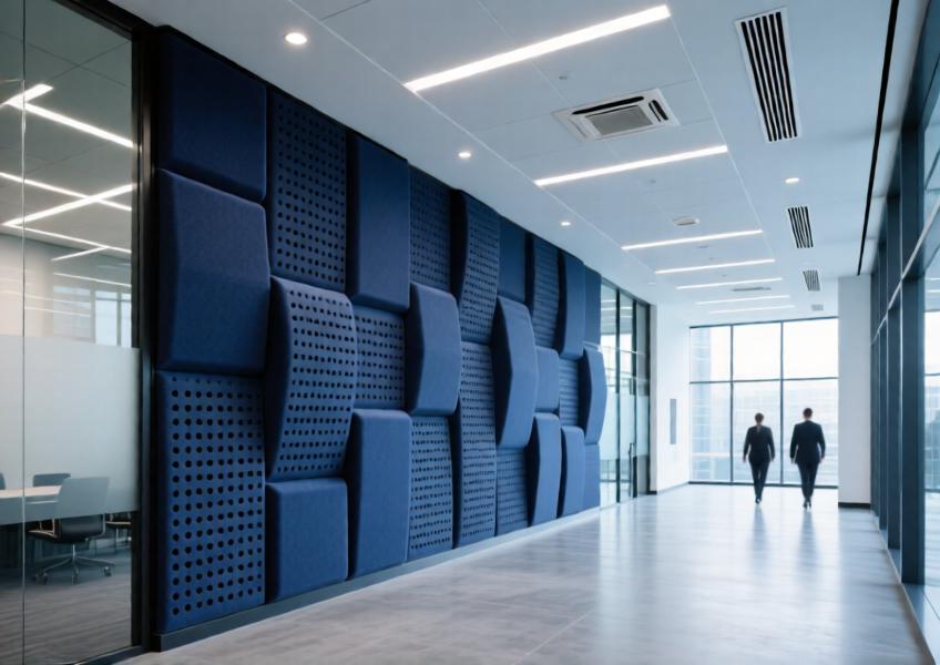 Charcoal blue perforated acoustic wall panels in a sleek corporate lobby, combining aesthetic elegance with functional sound absorption.