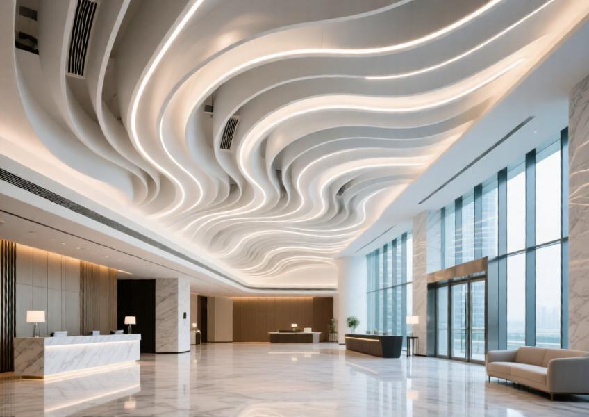 Dubai hotel lobby with sculptural matte white-coated aluminium ceiling featuring integrated lighting.