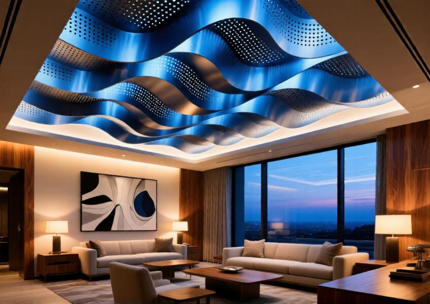 Luxury hotel lounge with anodized blue aluminum ceiling panels in a custom wave pattern, combining design and acoustic functionality.
