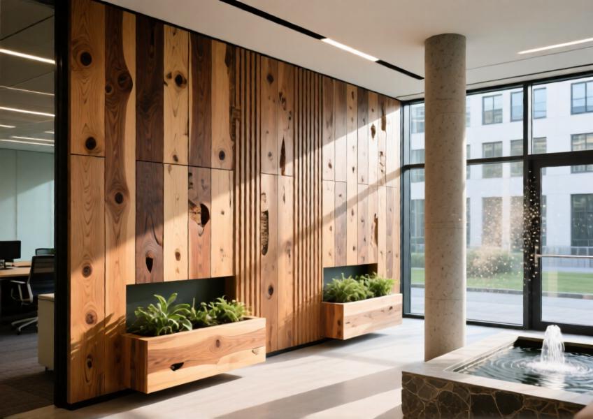 Reclaimed oak wall cladding in a green-certified Berlin office, combining sustainability with natural elegance.