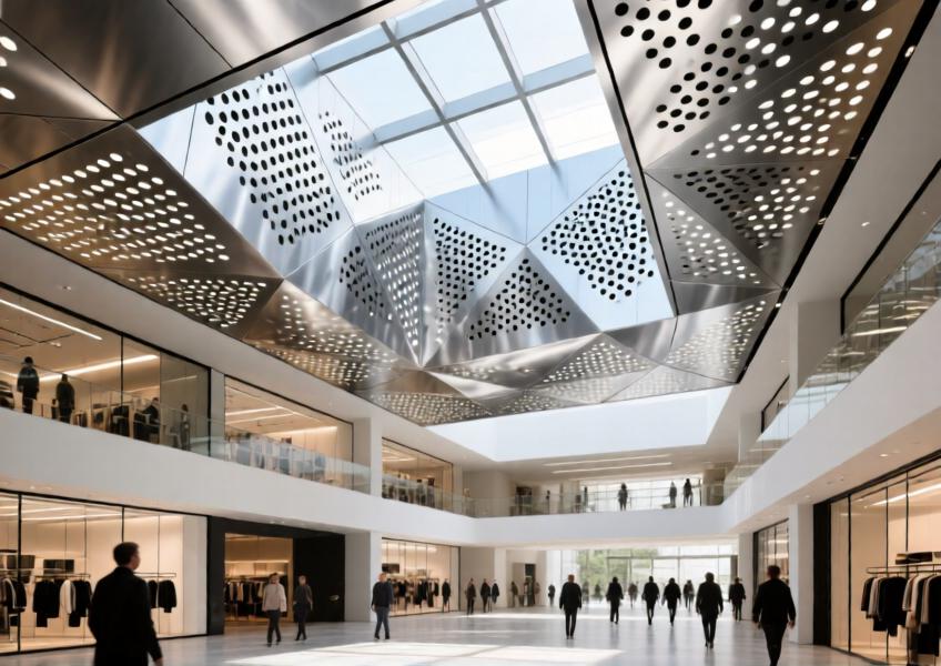 Retail atrium with textured brushed silver aluminum ceiling featuring perforated geometric patterns and diffused daylight.