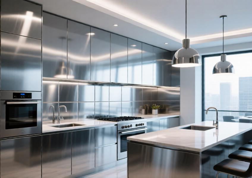 Modern kitchen with reflective metal cladding that adds a futuristic look and improves light distribution in a commercial or luxury residential setting.