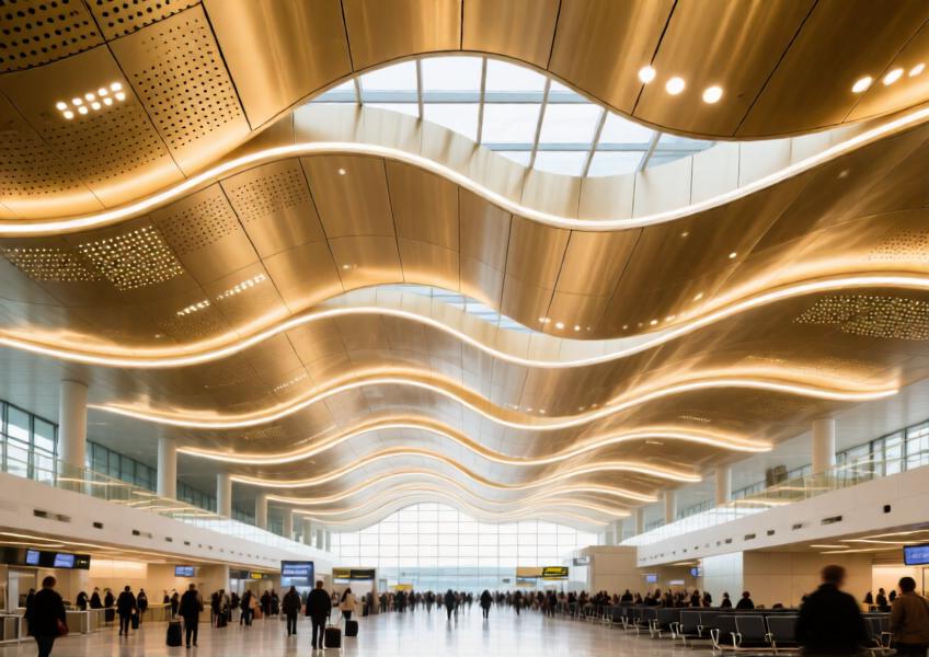 Champagne gold aluminum ceiling in a large-scale public terminal, combining aesthetic flow with functional design.