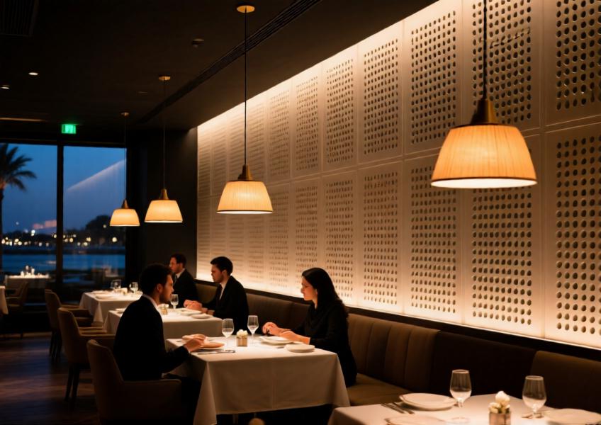 A realistic interior of a hospitality space using functional perforated cladding panels to improve acoustics while maintaining aesthetic sophistication.