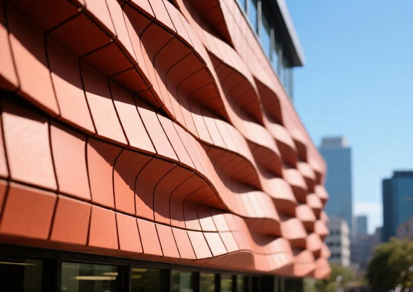 Close-up of parametric terracotta cladding in terracotta red on a commercial façade, showing solar-responsive design and textured shadow patterns.