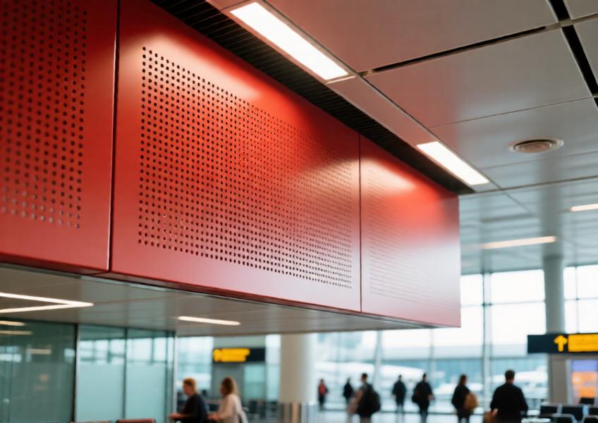 Close-up of vibrant terracotta red perforated aluminum ceiling panel in a high-traffic airport, combining acoustic functionality with bold design.