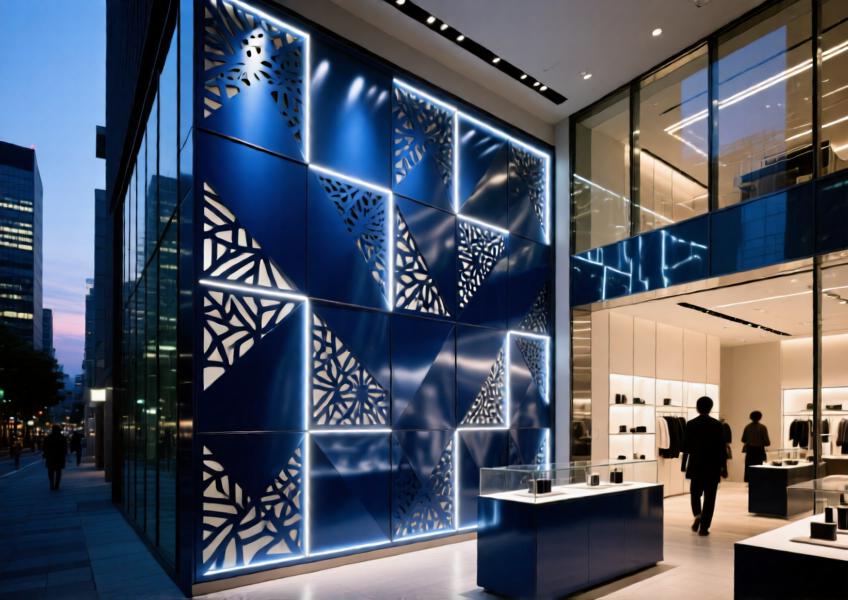 Flagship retail store in Tokyo showcasing a backlit, laser-cut anodized navy blue pre-coated aluminum decorative wall with ambient illumination