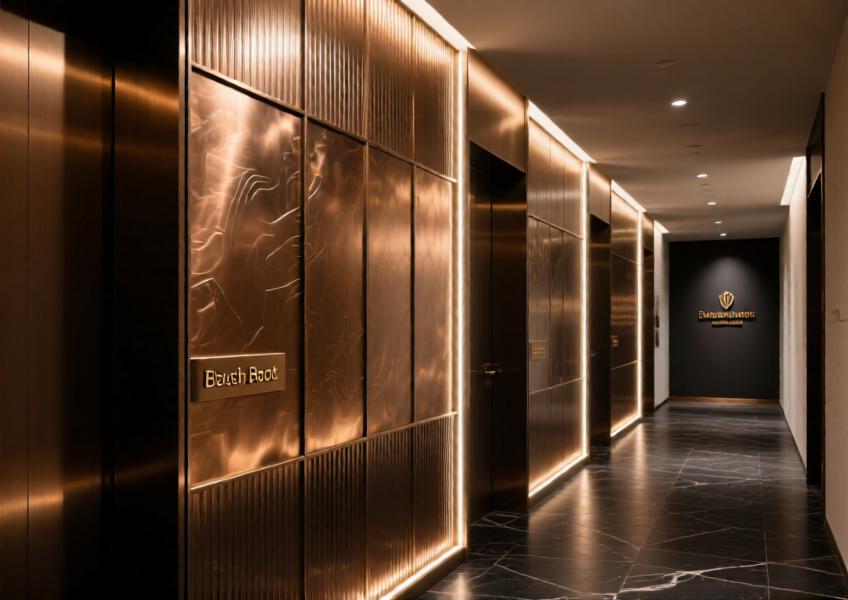 Anodized bronze aluminum wall panels with integrated lighting enhance the luxurious ambiance of a high-end hotel corridor.