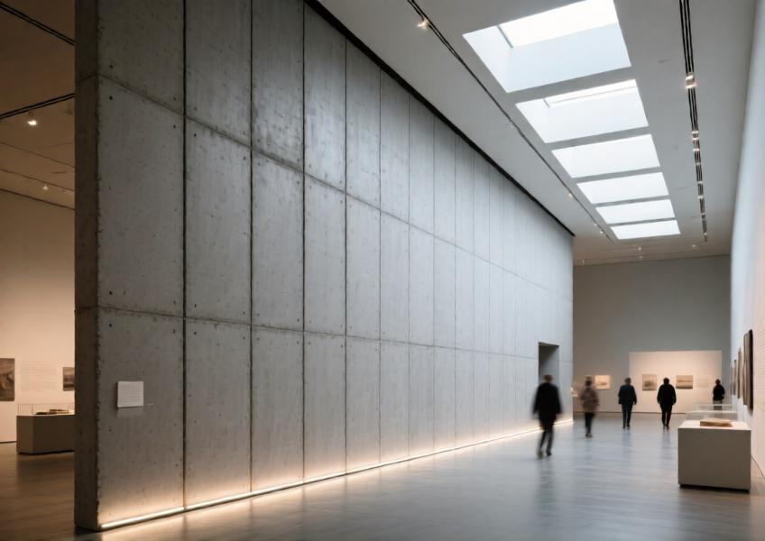 Public interior space in a museum using large-format fiber cement cladding for durable, aesthetically refined wall surfaces in a high-traffic environment.