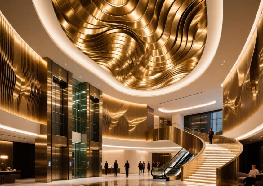 Luxury hotel atrium showcasing curved champagne gold aluminum ceiling and wall panels with ambient lighting for a high-end, cohesive interior.