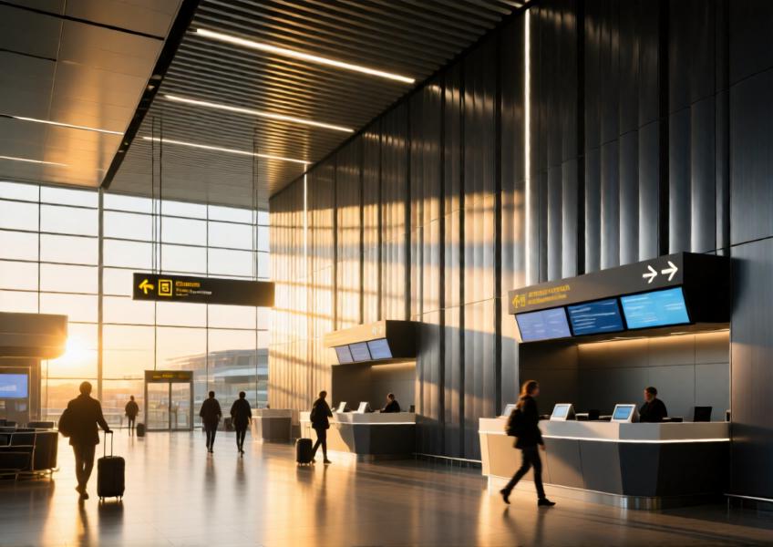 Airport terminal interior with charcoal gray aluminum wall systems integrated into a high-performance public space.
