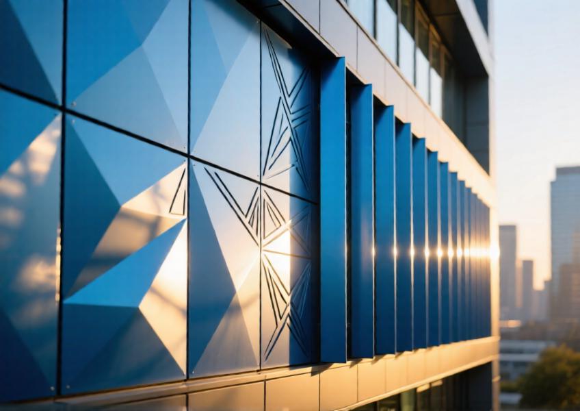 Exterior detail of anodized blue aluminum facade cladding panels with decorative fins under warm golden-hour lighting.