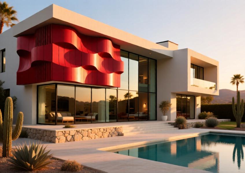 Luxury villa with vibrant red matte aluminum facade panels in a 3D wave pattern, set at golden hour with dramatic lighting.