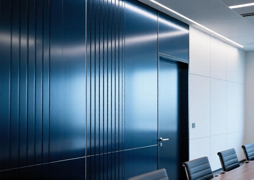 Conference room feature wall with anodized blue aluminum cladding and integrated hidden door.