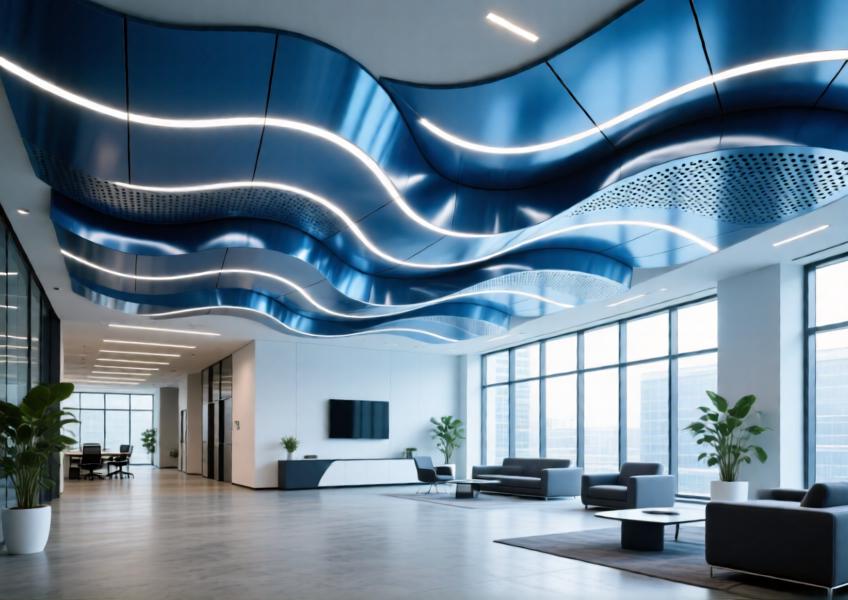 Anodized blue 3D aluminum ceiling panels in a wave pattern with integrated lighting in a modern office lobby.